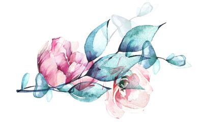 Watercolor painted floral bouquet. Arrangement with rose and peony flowers, branches, leaves. Cut out hand drawn PNG illustration on transparent background. Watercolour isolated clipart drawing.
