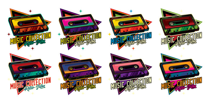An original vector collection in a vintage style. Original vector emblem in retro style. Vintage music cassette with magnetic tape.