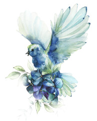 Blue and azure bird and bouquet with green leaves and hydrangea flowers. Gentle watercolor painted floral arrangement. Cut out hand drawn PNG illustration on transparent background. Isolated clipart 