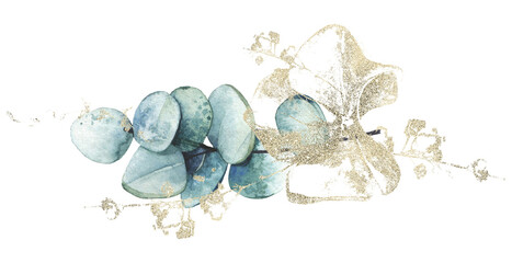 Watercolor painted floral bouquet. Arrangement with eucalyptus branch, golden sand elements. Cut out hand drawn PNG illustration on transparent background. Watercolour isolated clipart drawing. © satika