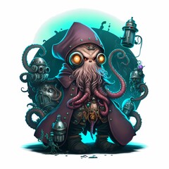 Octopus character Illustration,with steampunk attributes style design