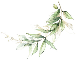 Greenery arrangement watercolor painted. Bouquet with branches, green leaves and golden line ans dust elements. Cut out hand drawn PNG illustration on transparent background. Isolated clipart.