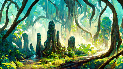 Fototapeta na wymiar Forest Mayan style trees scene illustration art Generative AI Content by Midjourney