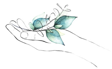 Watercolor ecology arrangement with hand, eucalyptus branches, blue leaves, black line art graphic elements. Cut out hand drawn PNG illustration on transparent background. Isolated clipart.