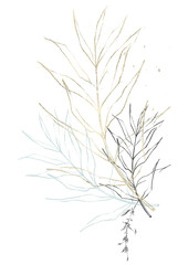 Arrangement with blue, black, golden palm branch in sketch line style. Floral composition. Cut out hand drawn PNG illustration on transparent background. Watercolour isolated clipart drawing.