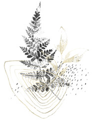 Dark gray fern twig and leaves stamp technique style. Golden sparkle style geometric lines art. Floral arrangement. Cut out hand drawn PNG illustration on transparent background. Isolated clipart . © satika