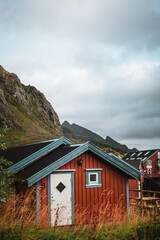 Typical red wooden houses at the harbor, on the Lofoten Islands in Norway - during an beautiful autumn day