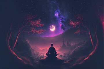 Fototapeta Buddhist monk meditating under star night sky . Energy and power of meditation concept. Peculiar AI generative image. obraz