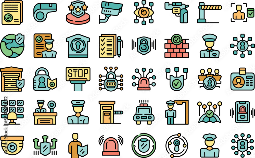 Poster security guard icons set outline vector. police standing. man guard color line flat isolated on whit