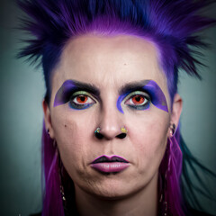 Generative AI - Rock and Roll Glam: A Portrait of a Rocker Woman with Purple Hair and Eye Makeup
