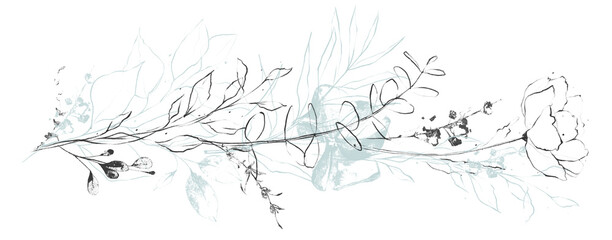 Black and blue wildflowers twig and leaves in sramp technique style and line art. Floral arrangement. Cut out hand drawn PNG illustration on transparent background. Watercolour isolated clipart.
