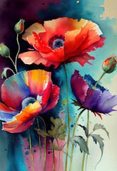 Watercolor poppies drawing background.  
Digitally generated AI image