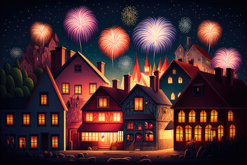 Obraz premium Fireworks over the city - illustration - Generative AI