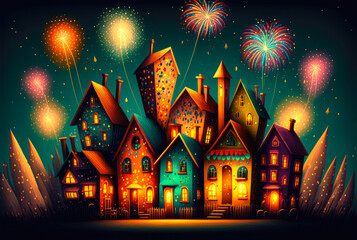 Fototapeta na wymiar Fireworks over the city - illustration - Generative AI