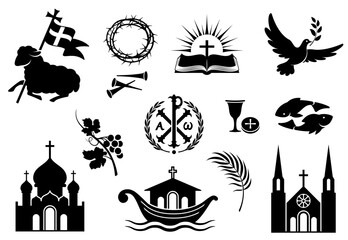 Religious christian signs and symbols. Set of icons. Black silhouette - 563951238