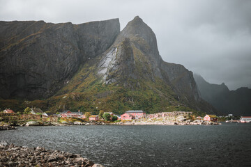 Beautiful landscape with mountains during a moody autumn day, on the Lofoten Islands