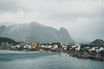 Beautiful landscape with mountains during a moody autumn day, on the Lofoten Islands