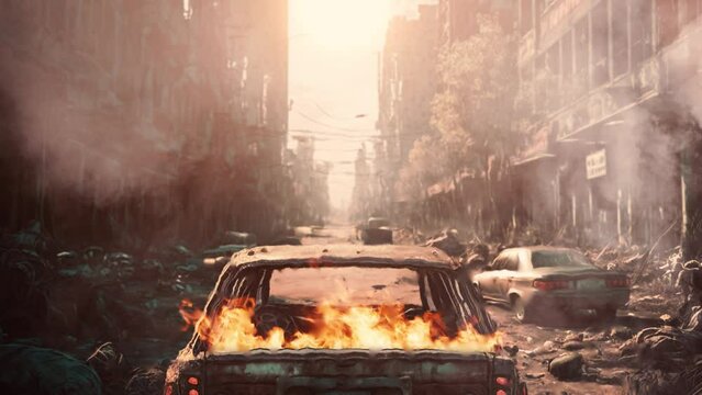 In this video, we see a damaged car that is on fire and surrounded by smoke and debris. War concept.