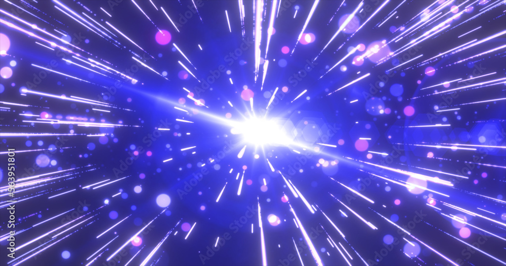Poster abstract blue flying stars bright glowing in space with particles and magical energy lines in a tunn