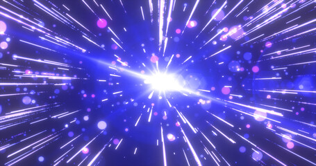 Abstract blue flying stars bright glowing in space with particles and magical energy lines in a tunnel in open space with sun rays. Abstract background