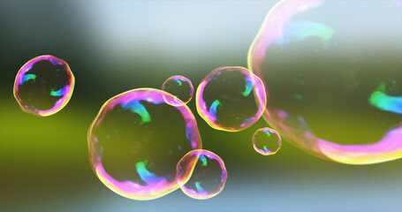Abstract transparent soap bubbles flying up bright iridescent beautiful festive on the background of nature. Abstract background