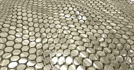 abstract grid of waves of circles of cylinders of metallic golden yellow coins with reflections on iron. Abstract background