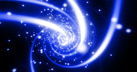 Fototapeta premium Abstract blue futuristic tunnel from a grid of particles lines glowing bright shiny neon digital magical energy on a dark background. Abstract background