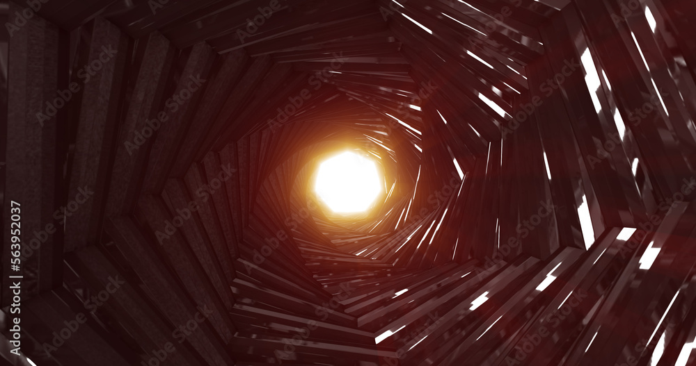 Poster a rotating dark metal tunnel with walls of ribs and lines in the form of an octagon with reflections
