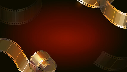 Film strips on festival banner. Cinema or movie award ceremony background. Golden film reel roll. Vector illustration. - 563952083