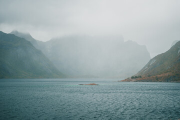 Beautiful landscape with mountains during a moody autumn day, on the Lofoten Islands