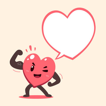 Vector cartoon healthy heart character with speech bubble for design.