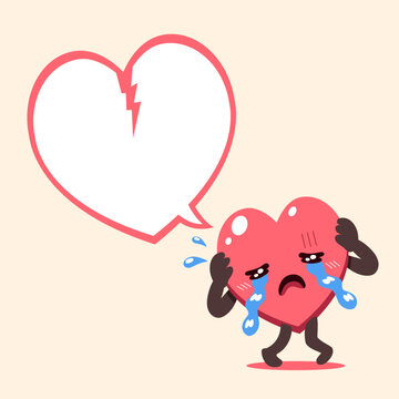 Vector cartoon crying heart character with white speech bubble for design.