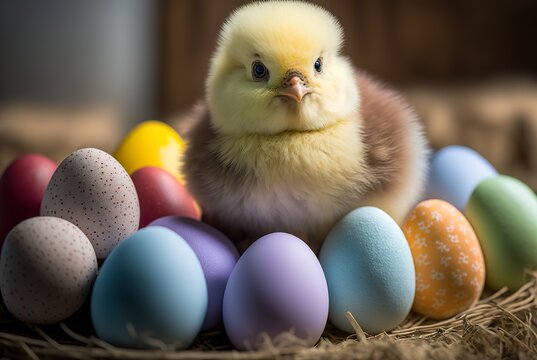 Niedliches K&uuml;ken zu Ostern mit Ostereiern im Osternest,  Bunte Eier im Nest - KI generiert  