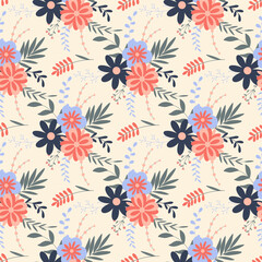 Floral seamless pattern in doodle style with flowers and foliage. Delicate, spring floral background with blossom and leaves. Vector design, print for textiles, papers, packaging, wallpapers and decor