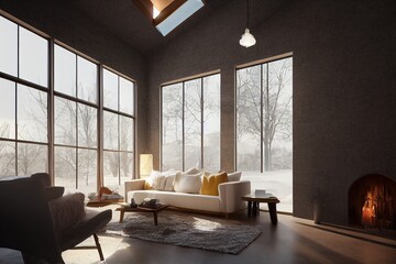 Cozy beautiful traditional modern interior with high ceilings large windows winter views at sunset with fireplace and staged furniture Made with Generative Ai