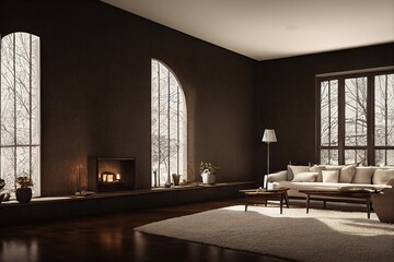Luxurious cozy modern mcm interior living room space with arched windows winter views fireplace and minimal staged furniture Made with Generative Ai