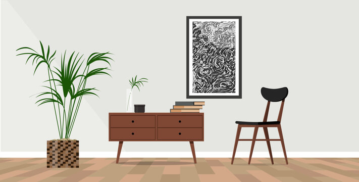 Stylish interior design of living room with wooden retro commode, chair, tropical plant.