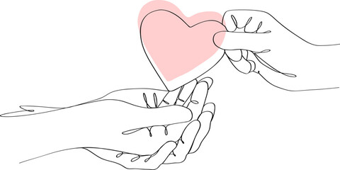 vector illustration continuous drawing of hands giving a heart. - obrazy, fototapety, plakaty