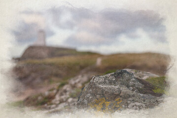 Digital watercolor painting of Llanddwyn island lighthouse, Twr Mawr at Ynys Llanddwyn.