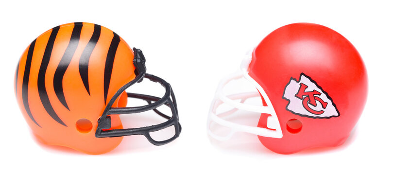IRVINE, CALIFORNIA - 23 JAN 2023: Helmets for the Cincinatti Bengals and Kansas City Chiefs, opponents in the AFC Conference Championship Game.