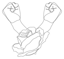 One continuous line of Clenched, raised fists from rose. Thin Line Illustration vector concept. Contour Drawing Creative ideas.