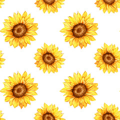 Watercolor Sunflower Background, Sunflower Seamless pattern with Hand Painted Watercolor Sunflowers and Greenery on white background