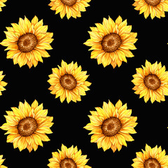 Watercolor Sunflower Background, Sunflower Seamless pattern with Hand Painted Watercolor Sunflowers and Greenery on dark background