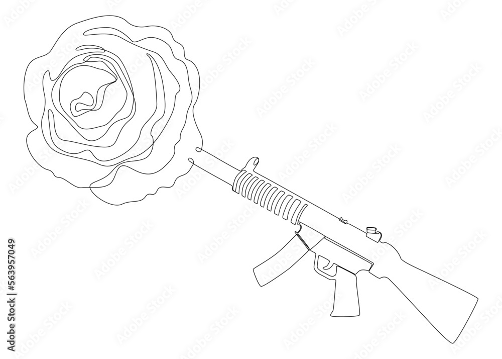 Poster one continuous line of a machine gun with rose. thin line illustration vector concept. contour drawi
