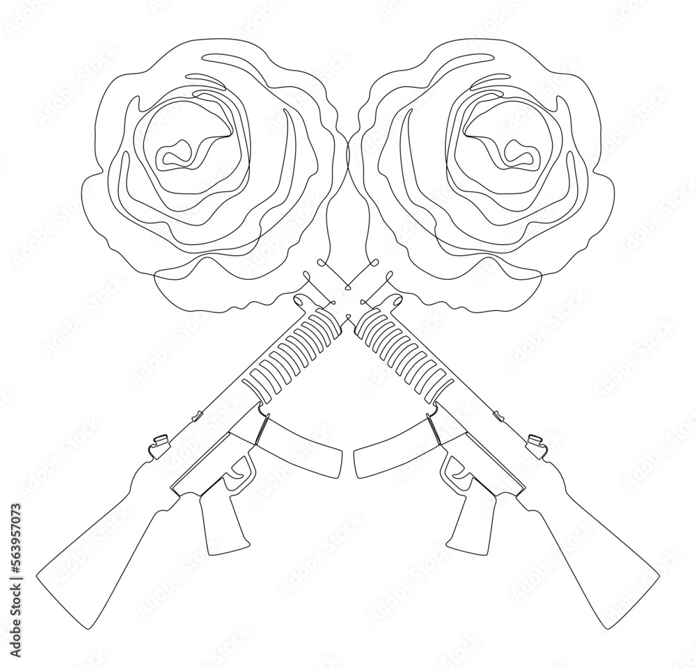 Poster one continuous line of a machine gun with rose. thin line illustration vector concept. contour drawi