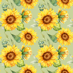 Watercolor Sunflower Background, Sunflower Seamless pattern with Hand Painted Watercolor Sunflowers and Greenery