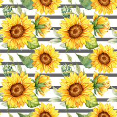 Watercolor Sunflower Background, Sunflower Seamless pattern with Hand Painted Watercolor Sunflowers and Greenery on white background	
