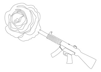 One continuous line of a Machine Gun with Rose. Thin Line Illustration vector concept. Contour Drawing Creative ideas.