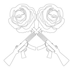 One continuous line of a Machine Gun with Rose. Thin Line Illustration vector concept. Contour Drawing Creative ideas.