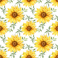 Watercolor Sunflower Background, Sunflower Seamless pattern with Hand Painted Watercolor Sunflowers and Greenery on white background